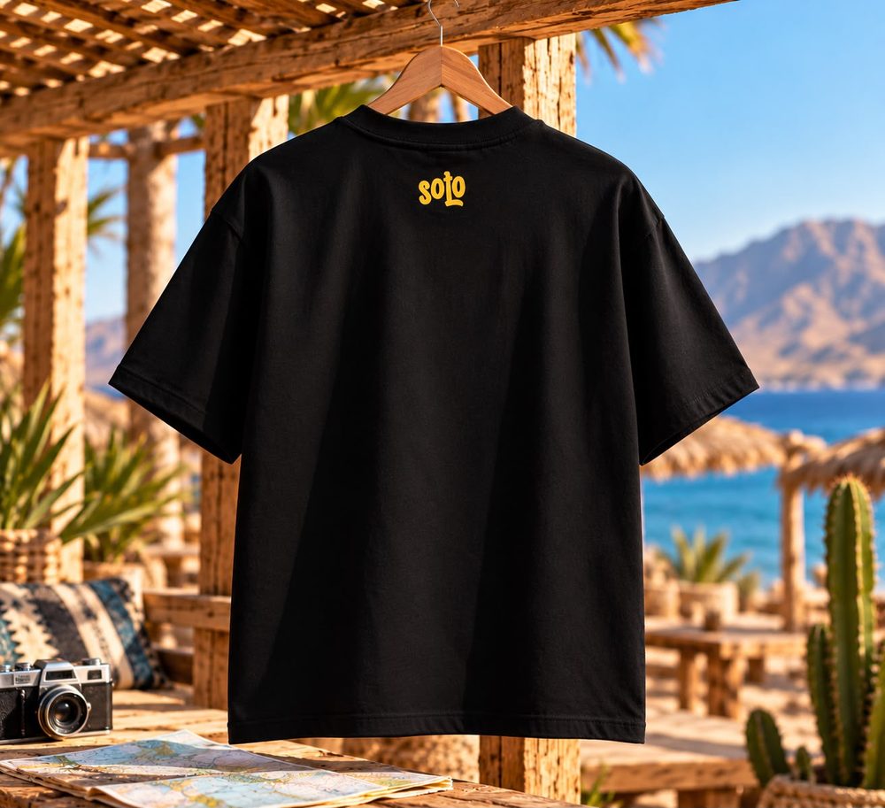 Black Soloevents t-shirt, back with yellow solo logo