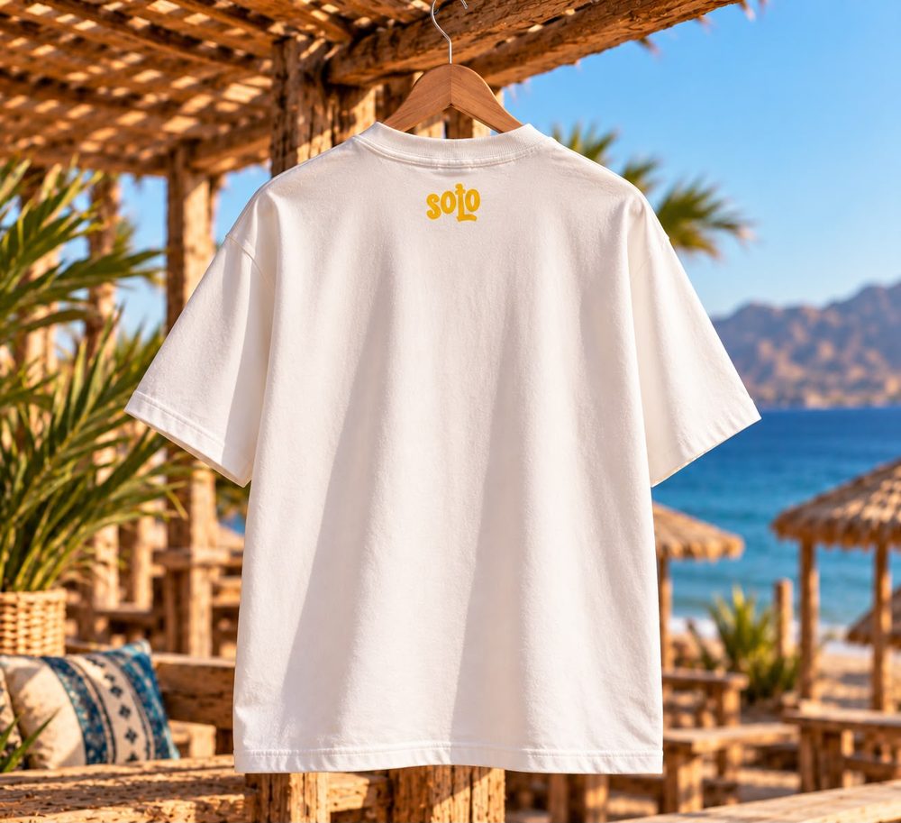 White Soloevents t-shirt, back with yellow solo logo